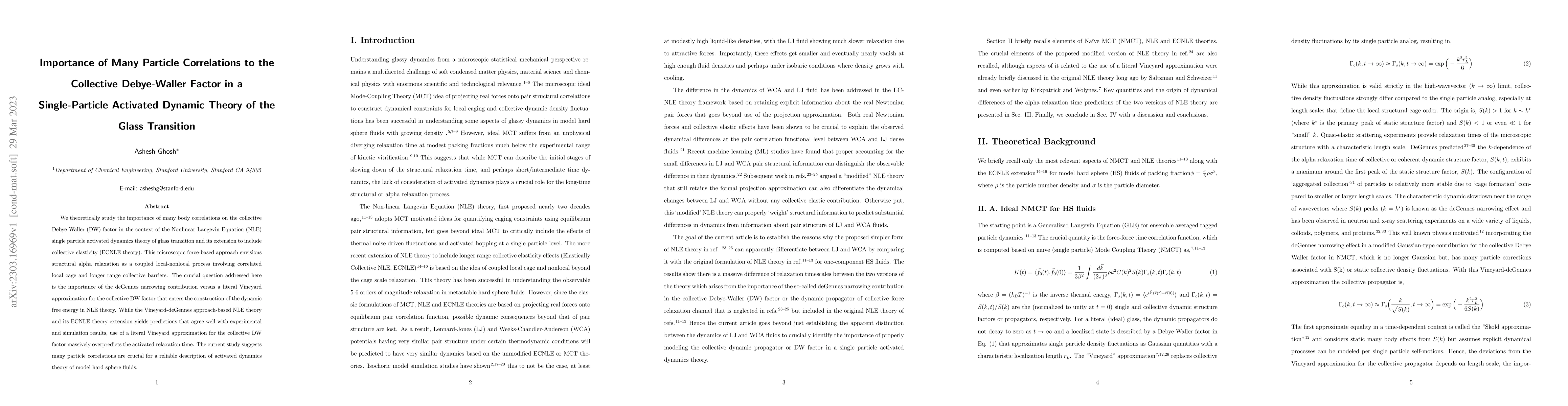 Thumbnail for Importance of Many Particle Correlations to the Collective Debye-Waller
  Factor in a Single-Particle Activated Dynamic Theory of the Glass Transition