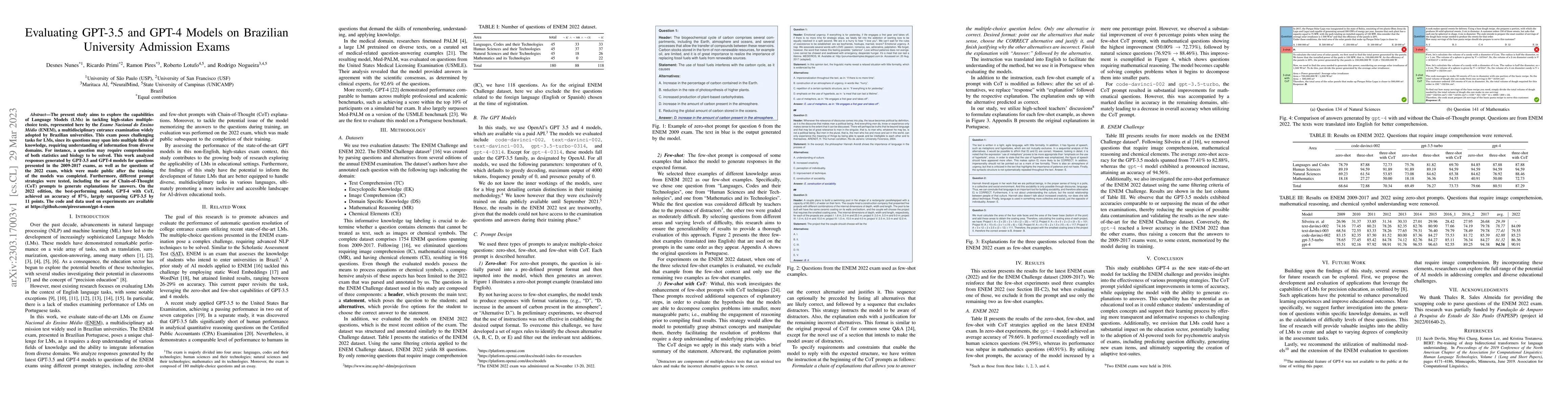 Thumbnail for Evaluating GPT-3.5 and GPT-4 Models on Brazilian University Admission
  Exams