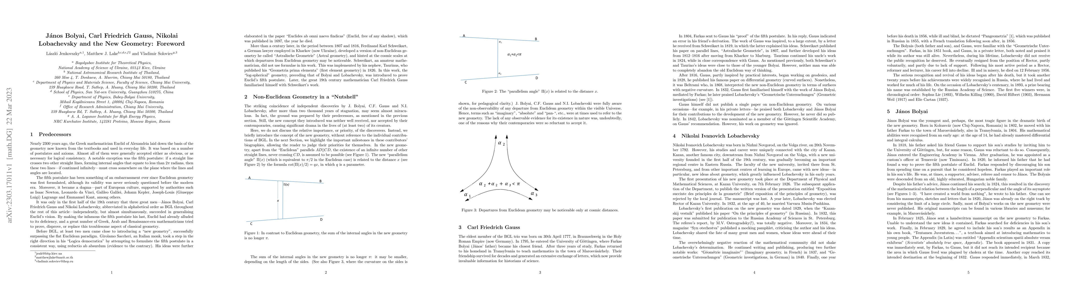 Thumbnail for J{\' a}nos Bolyai, Carl Friedrich Gauss, Nikolai Lobachevsky and the New
  Geometry: Foreword