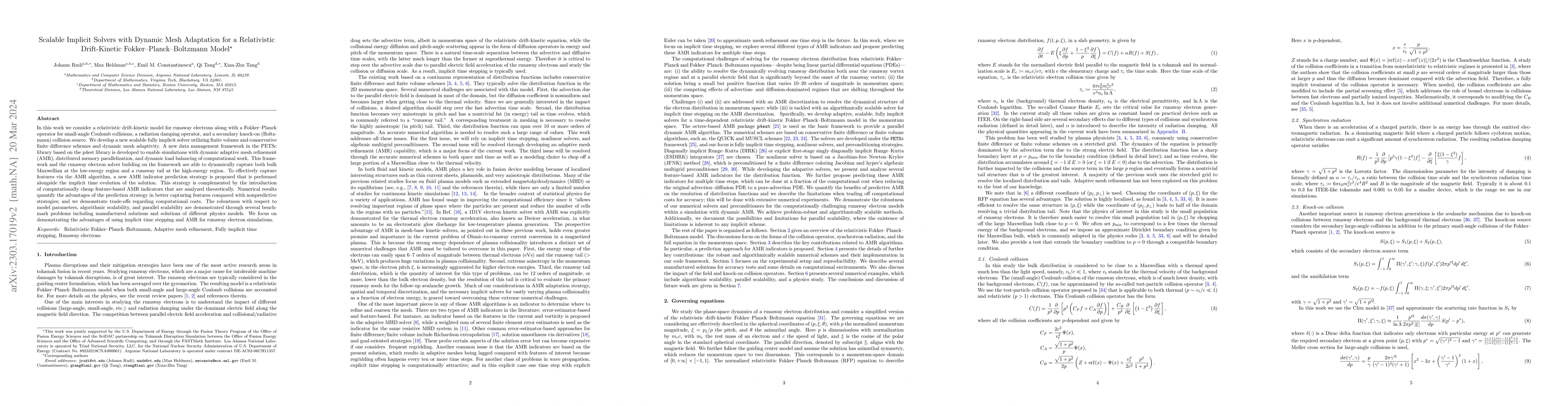 Thumbnail for Scalable Implicit Solvers with Dynamic Mesh Adaptation for a
  Relativistic Drift-Kinetic Fokker-Planck-Boltzmann Model