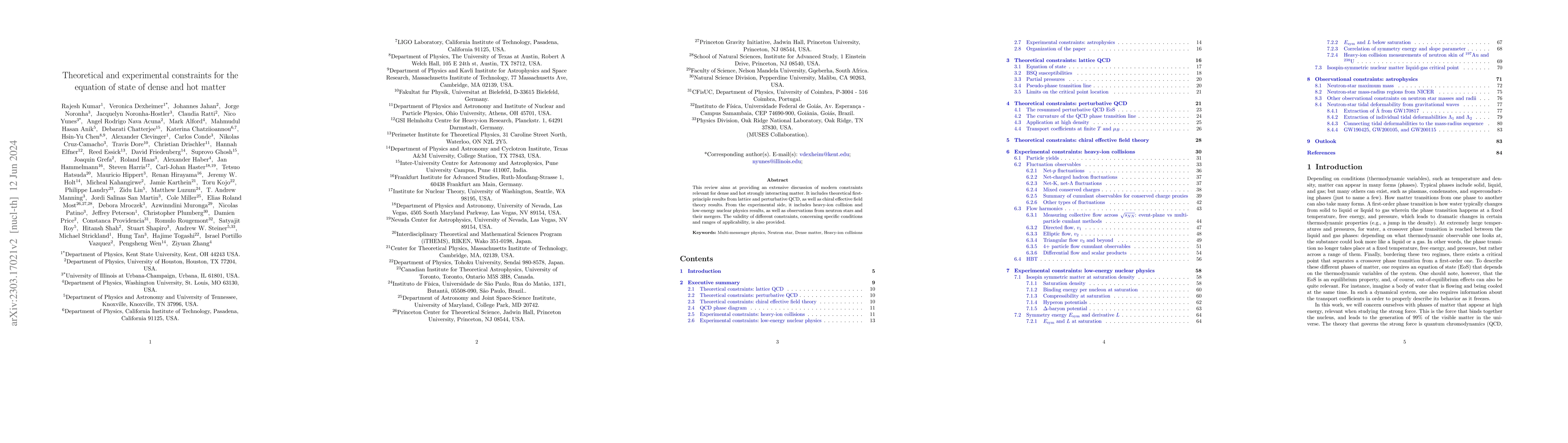 Thumbnail for Theoretical and Experimental Constraints for the Equation of State of
  Dense and Hot Matter