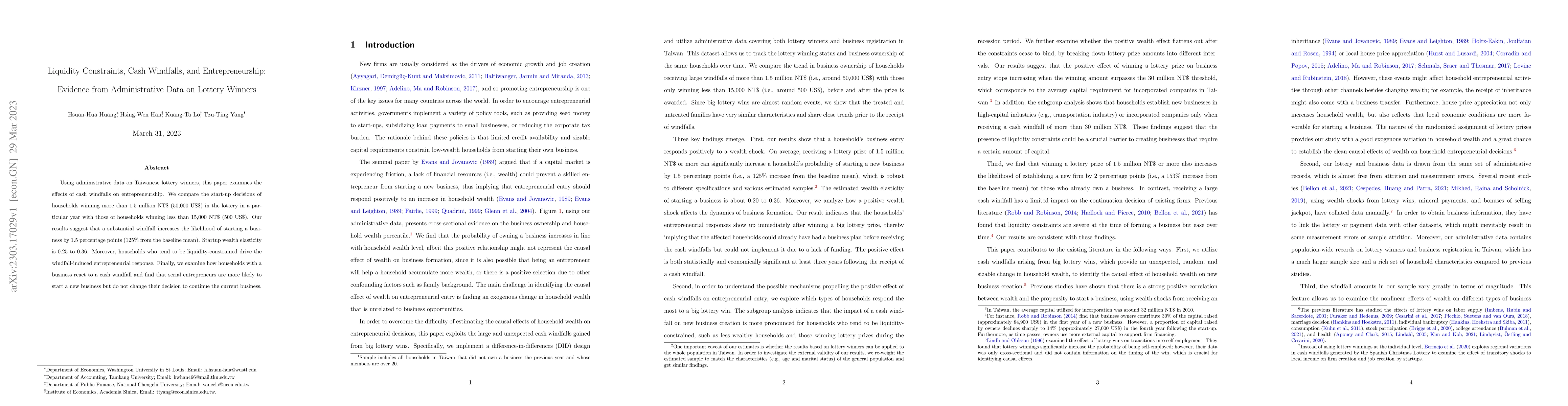 Thumbnail for Liquidity Constraints, Cash Windfalls, and Entrepreneurship: Evidence
  from Administrative Data on Lottery Winners