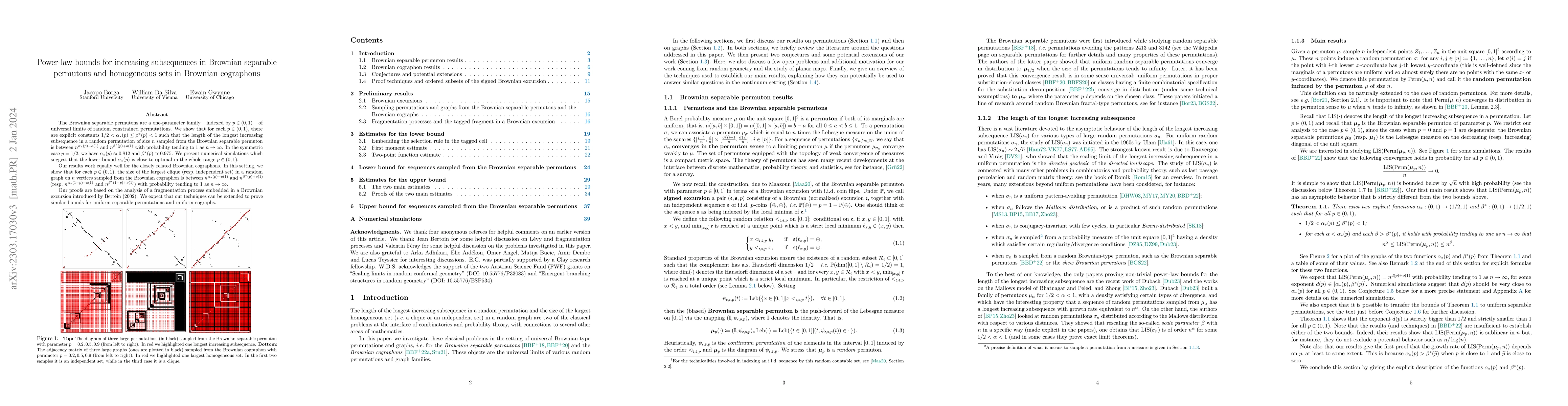 Thumbnail for Power-law bounds for increasing subsequences in Brownian separable
  permutons and homogeneous sets in Brownian cographons
