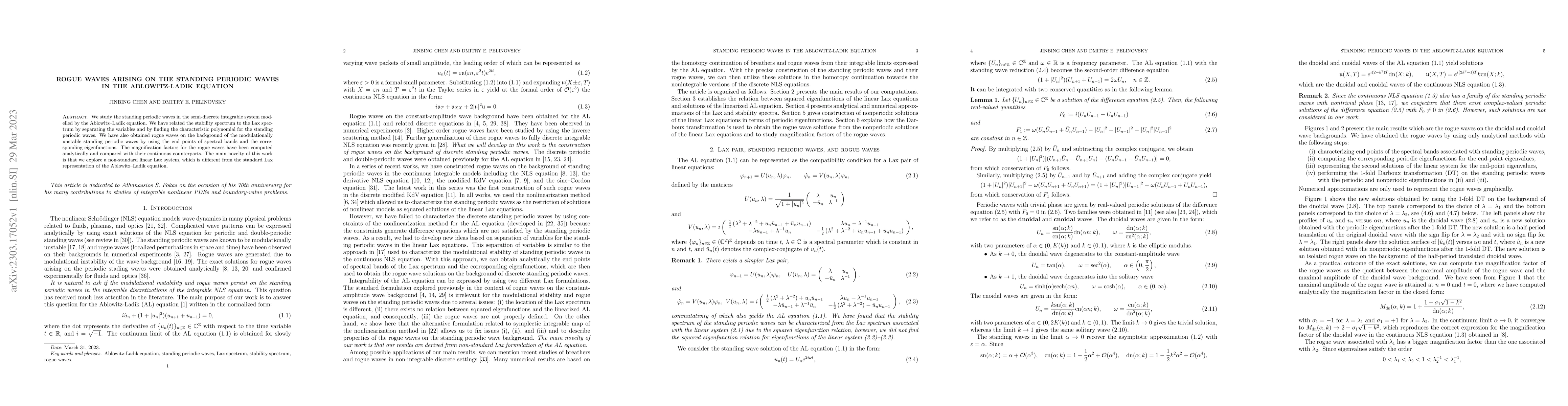 Thumbnail for Rogue waves arising on the standing periodic waves in the Ablowitz-Ladik
  equation