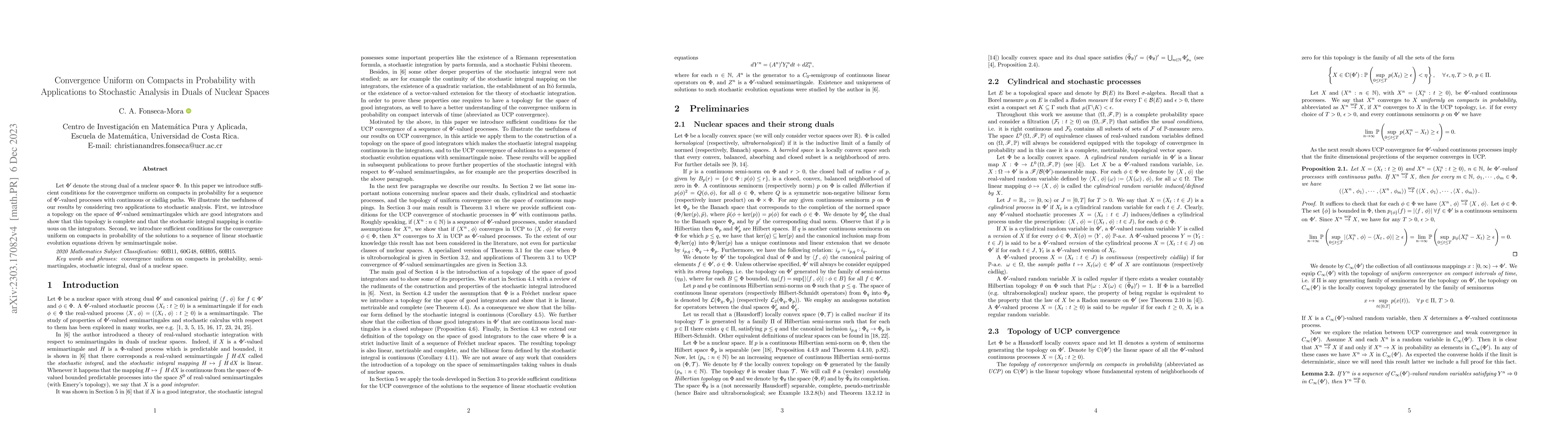 Thumbnail for Convergence Uniform on Compacts in Probability with Applications to
  Stochastic Analysis in Duals of Nuclear Spaces