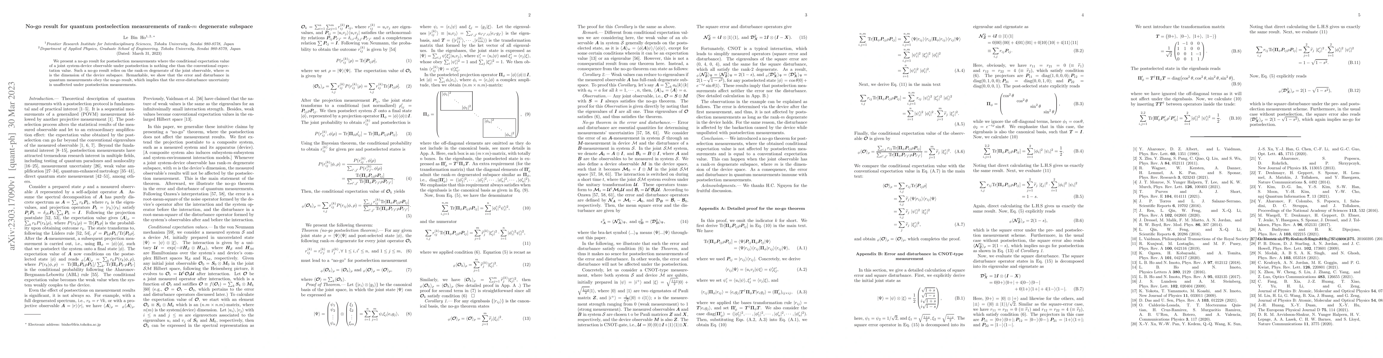 Thumbnail for No-go result for quantum postselection measurements of rank-m degenerate
  subspace