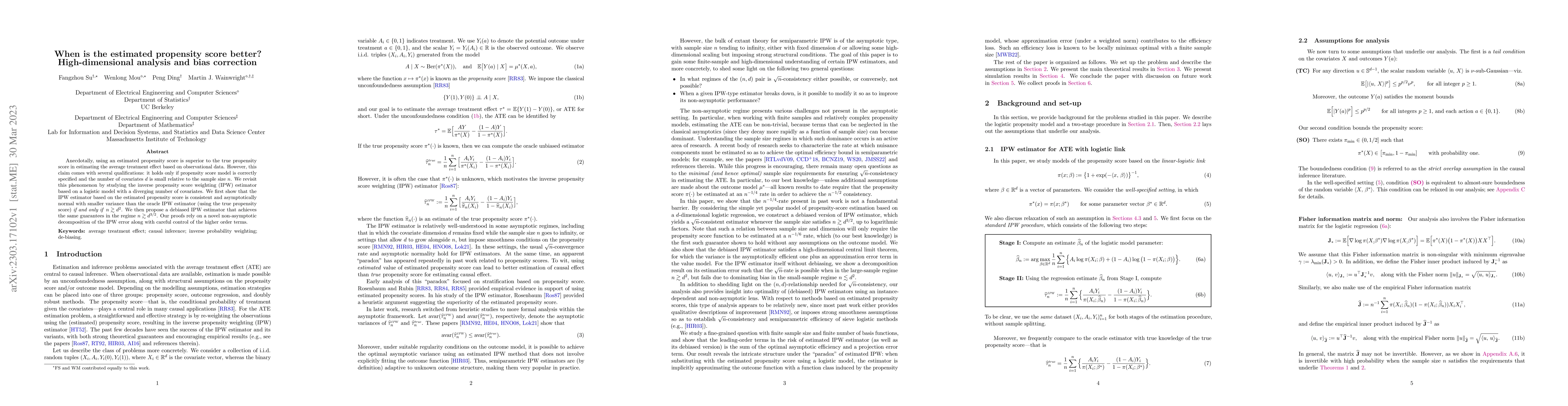 Thumbnail for When is the estimated propensity score better? High-dimensional analysis
  and bias correction