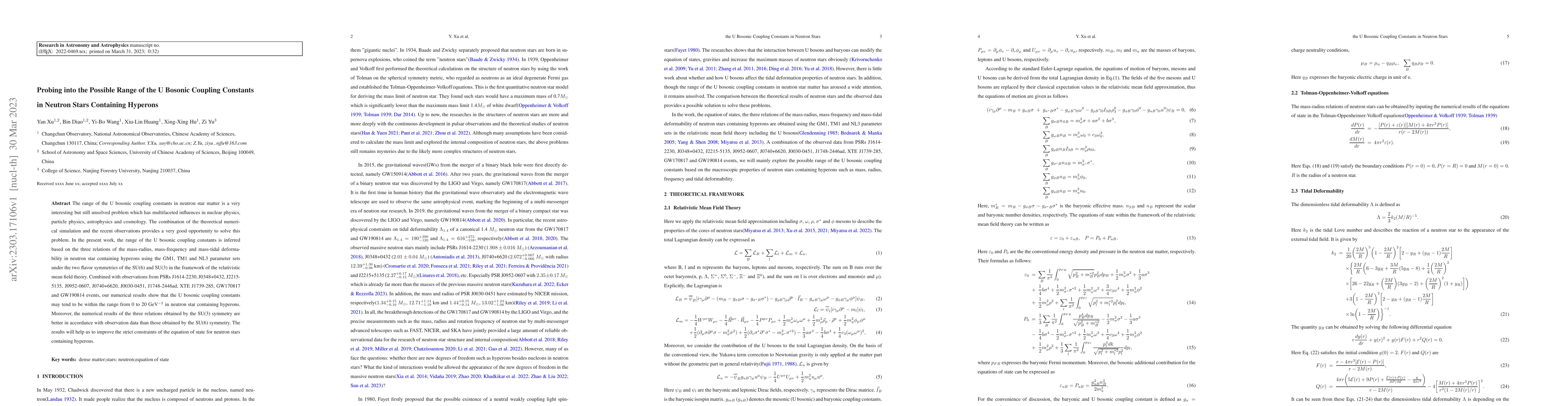 Thumbnail for Probing into the Possible Range of the U Bosonic Coupling Constants in
  Neutron Stars Containing Hyperons