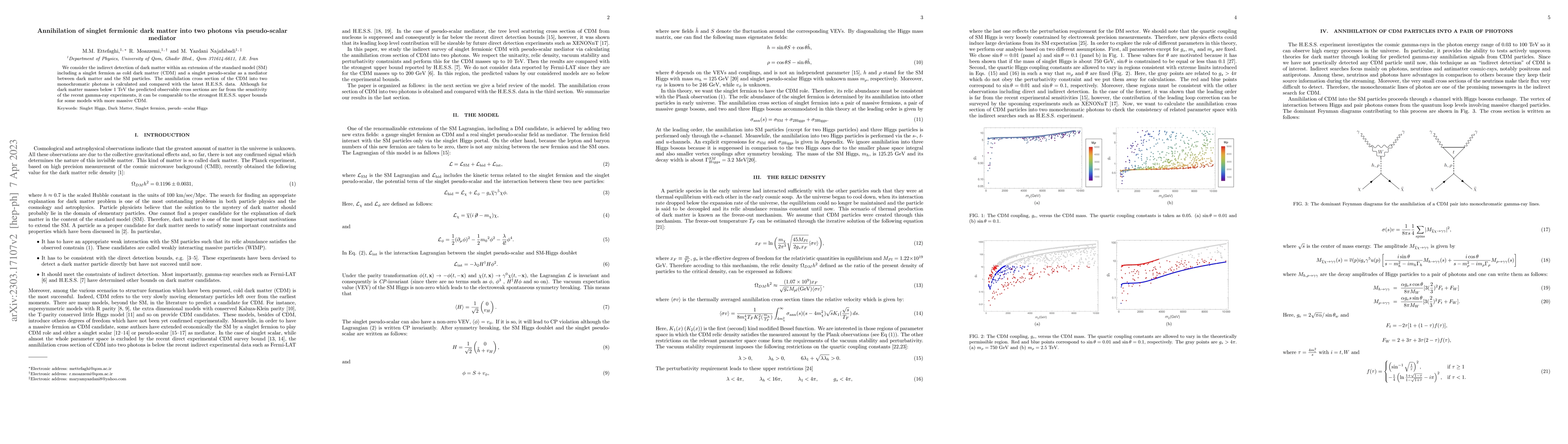 Thumbnail for Annihilation of singlet fermionic dark matter into two photons via
  pseudo-scalar mediator