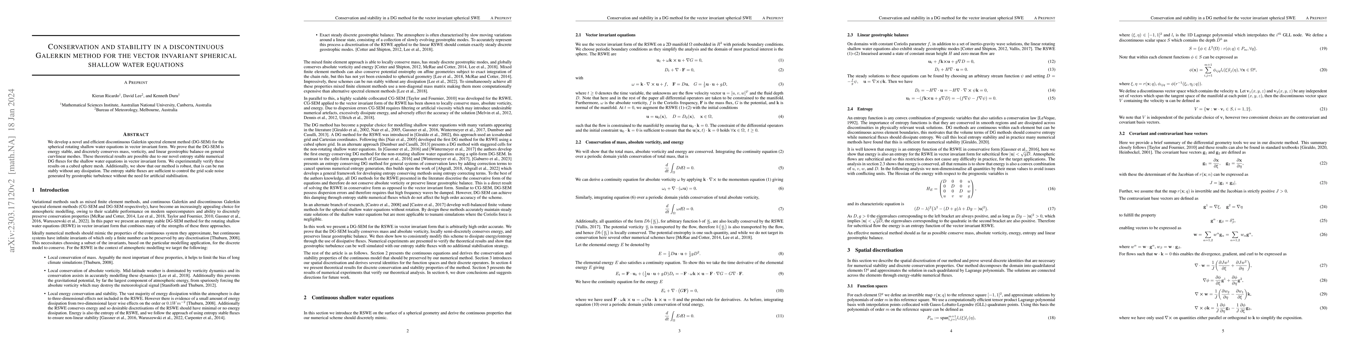Thumbnail for Conservation and stability in a discontinuous Galerkin method for the
  vector invariant spherical shallow water equations
