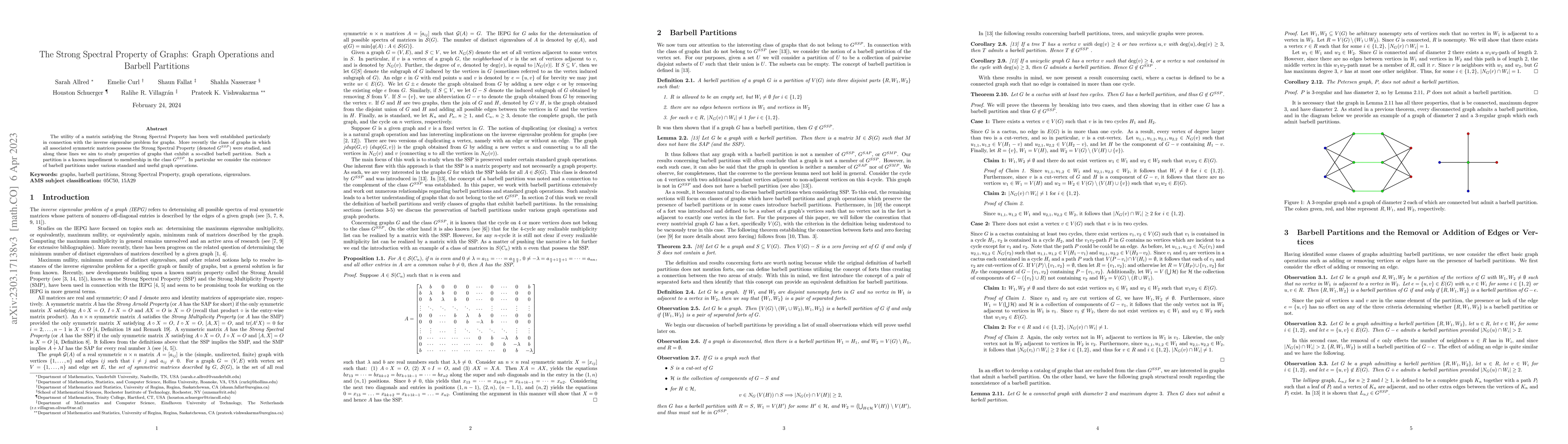 Thumbnail for The Strong Spectral Property of Graphs: Graph Operations and Barbell
  Partitions