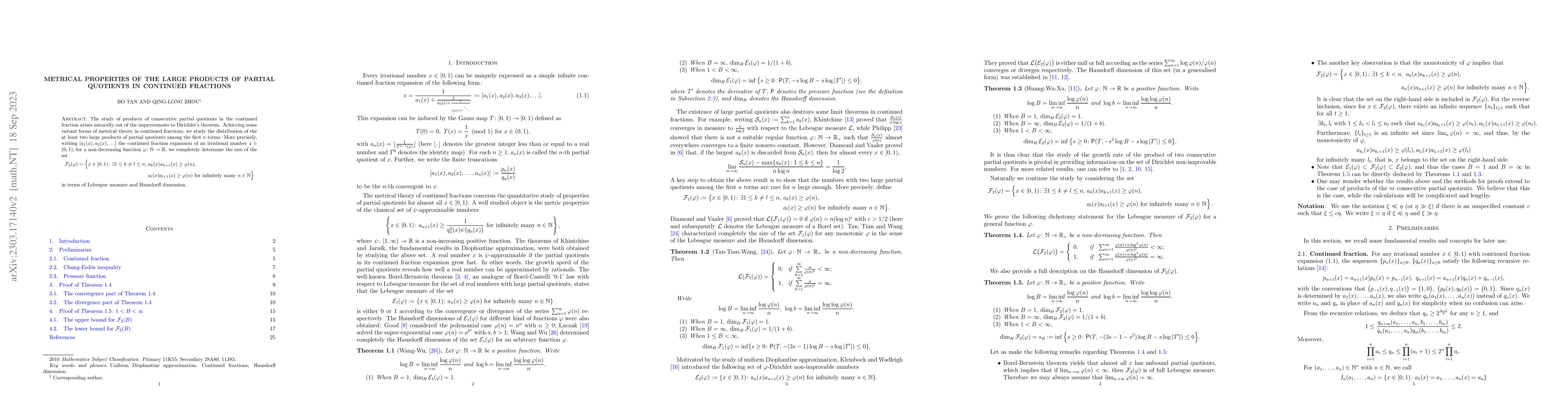 Thumbnail for Metrical properties for the large partial quotients with product forms
  in continued fractions
