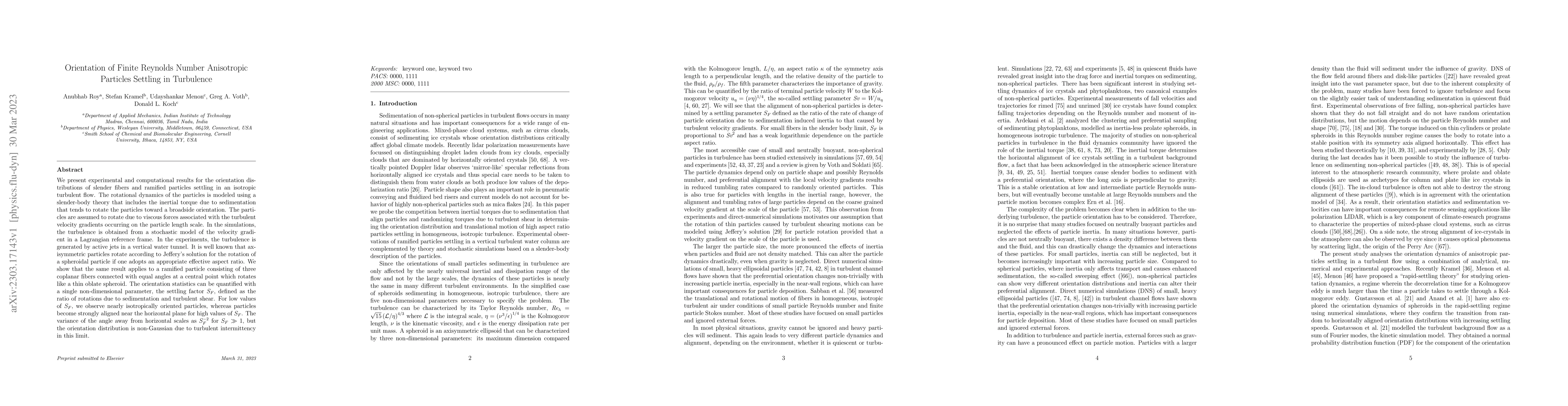 Thumbnail for Orientation of Finite Reynolds Number Anisotropic Particles Settling in
  Turbulence