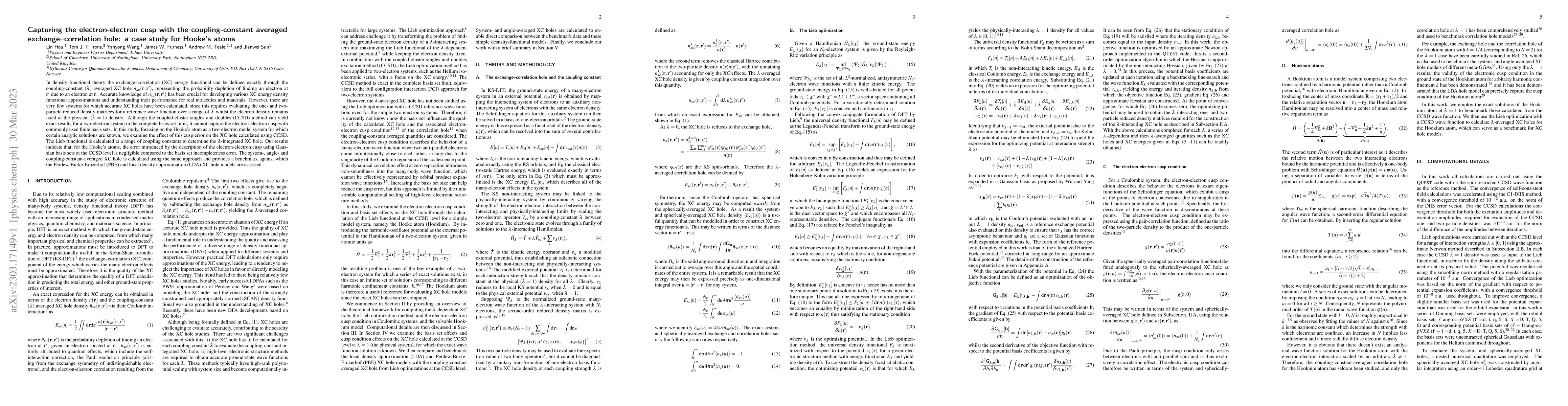 Thumbnail for Capturing the electron-electron cusp with the coupling-constant averaged
  exchange-correlation hole: A case study for Hooke's atoms