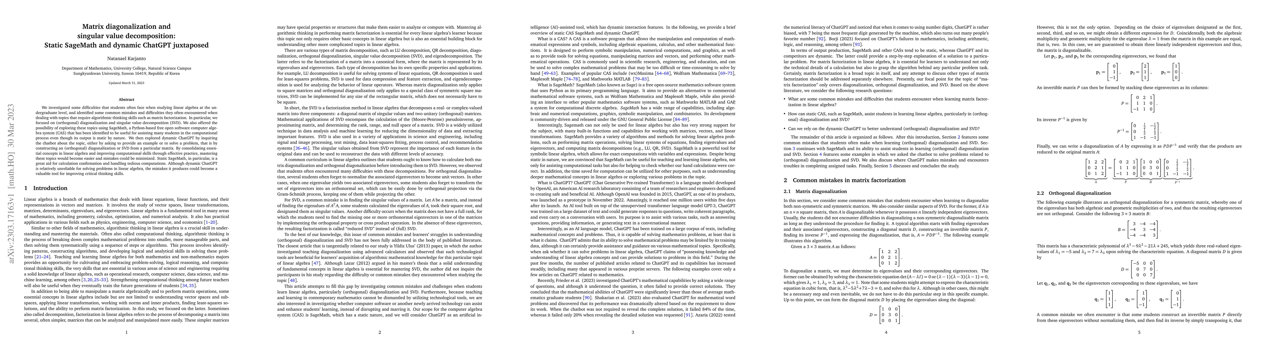 Thumbnail for Matrix diagonalization and singular value decomposition: Static SageMath
  and dynamic ChatGPT juxtaposed