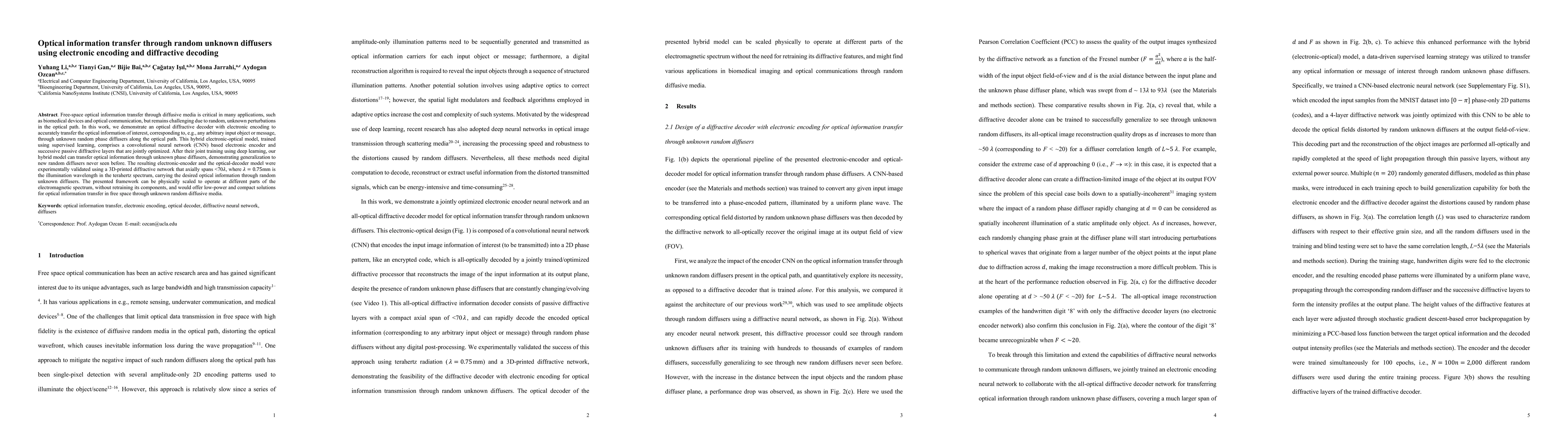 Thumbnail for Optical information transfer through random unknown diffusers using
  electronic encoding and diffractive decoding
