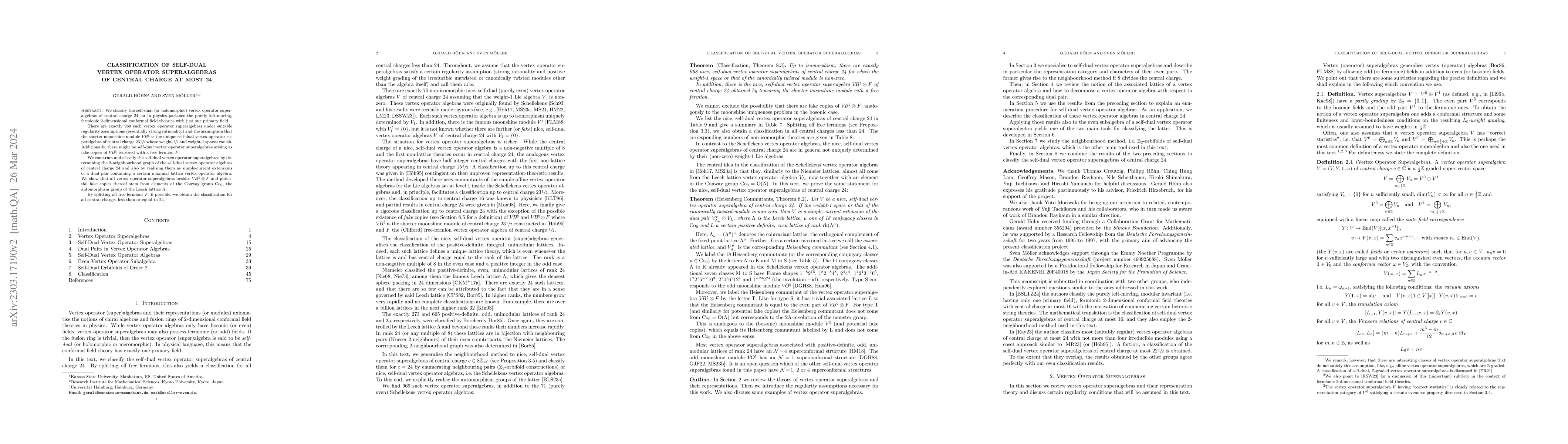 Thumbnail for Classification of Self-Dual Vertex Operator Superalgebras of Central
  Charge at Most 24