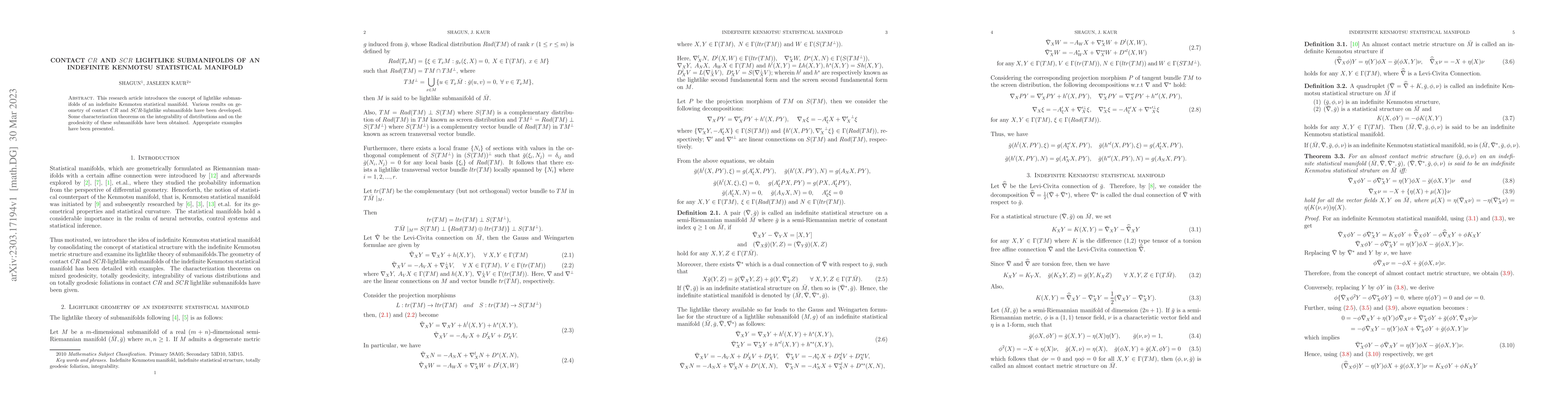 Thumbnail for Contact CR and SCR lightlike submanifolds of an indefinite Kenmotsu
  statistical manifold