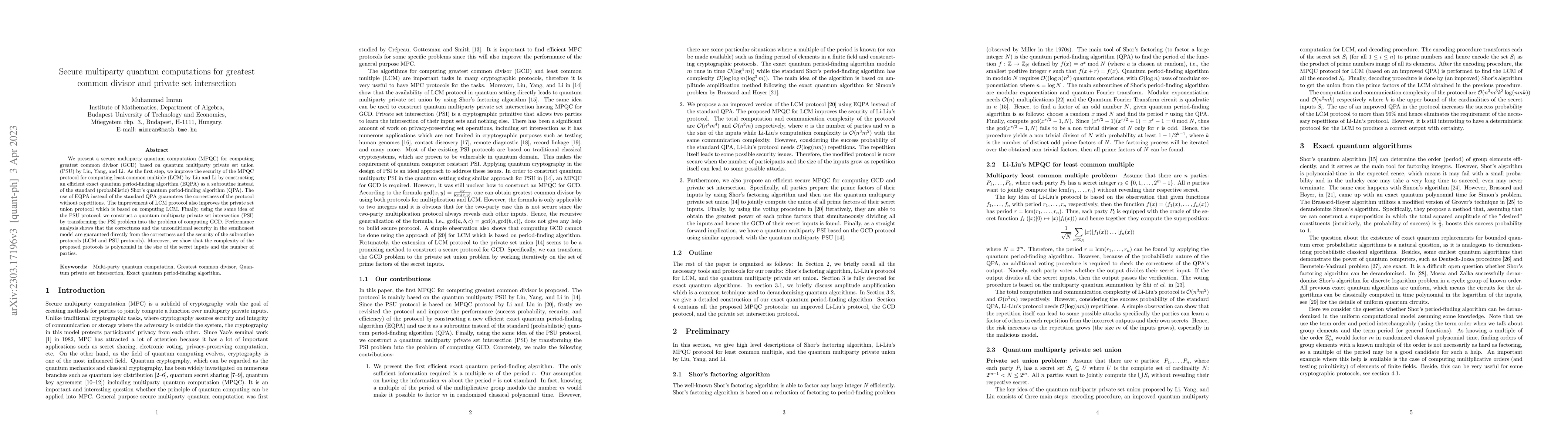 Thumbnail for Secure multiparty quantum computations for greatest common divisor and
  private set intersection