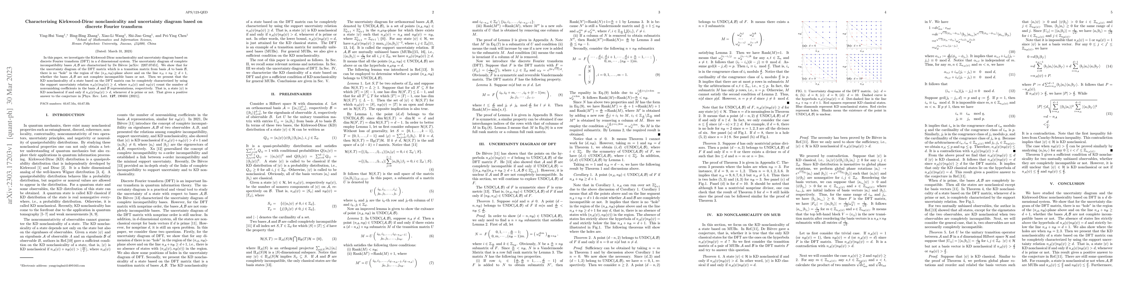 Thumbnail for Characterizing Kirkwood-Dirac nonclassicality and uncertainty diagram
  based on discrete Fourier transform