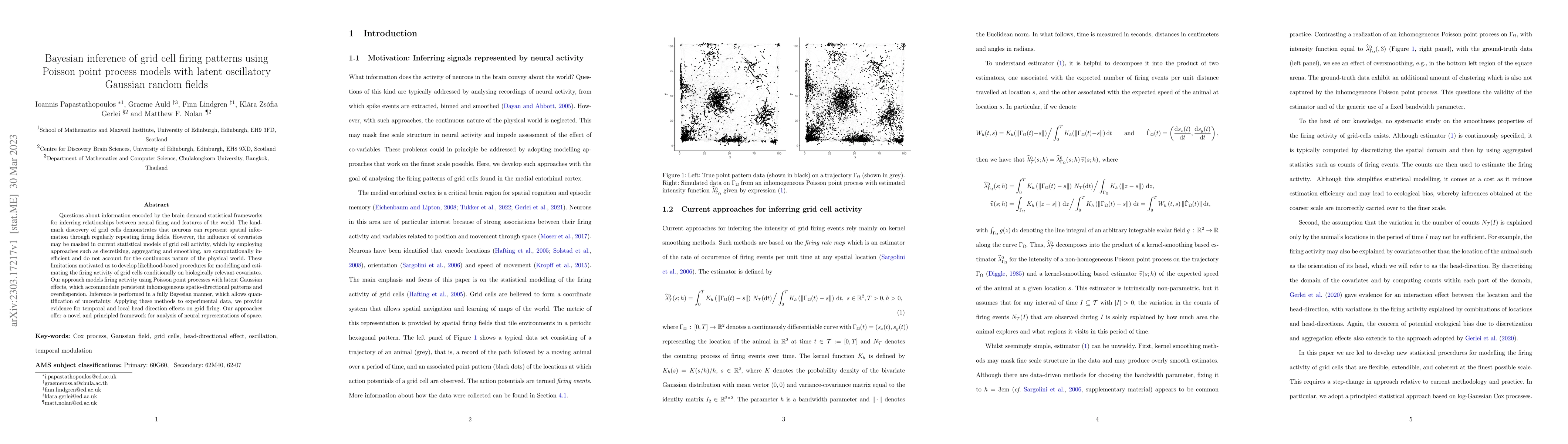 Thumbnail for Bayesian inference of grid cell firing patterns using Poisson point
  process models with latent oscillatory Gaussian random fields