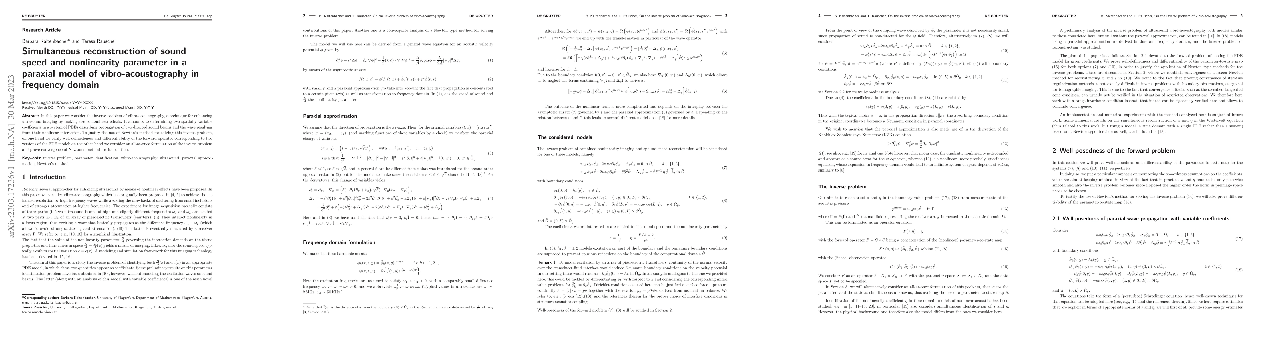 Thumbnail for Simultaneous reconstruction of sound speed and nonlinearity parameter in
  a paraxial model of vibro-acoustography in frequency domain