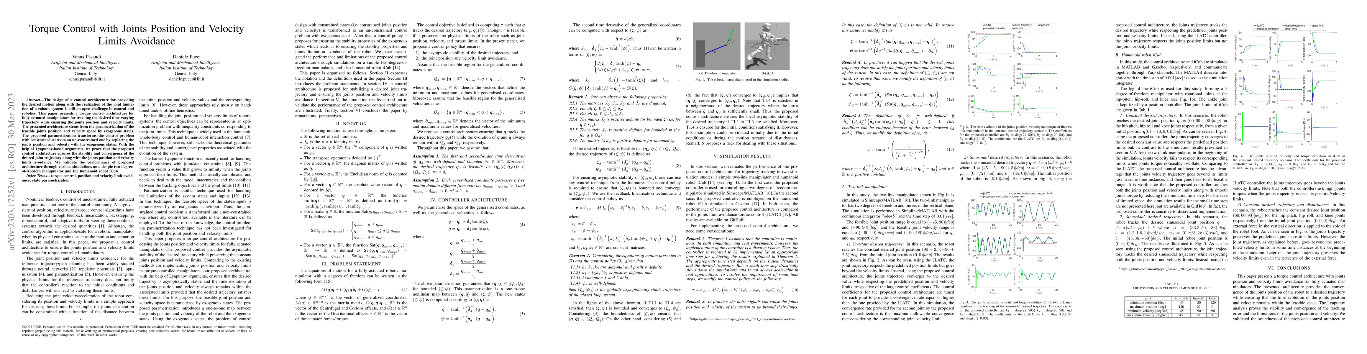 Thumbnail for Torque Control with Joints Position and Velocity Limits Avoidance