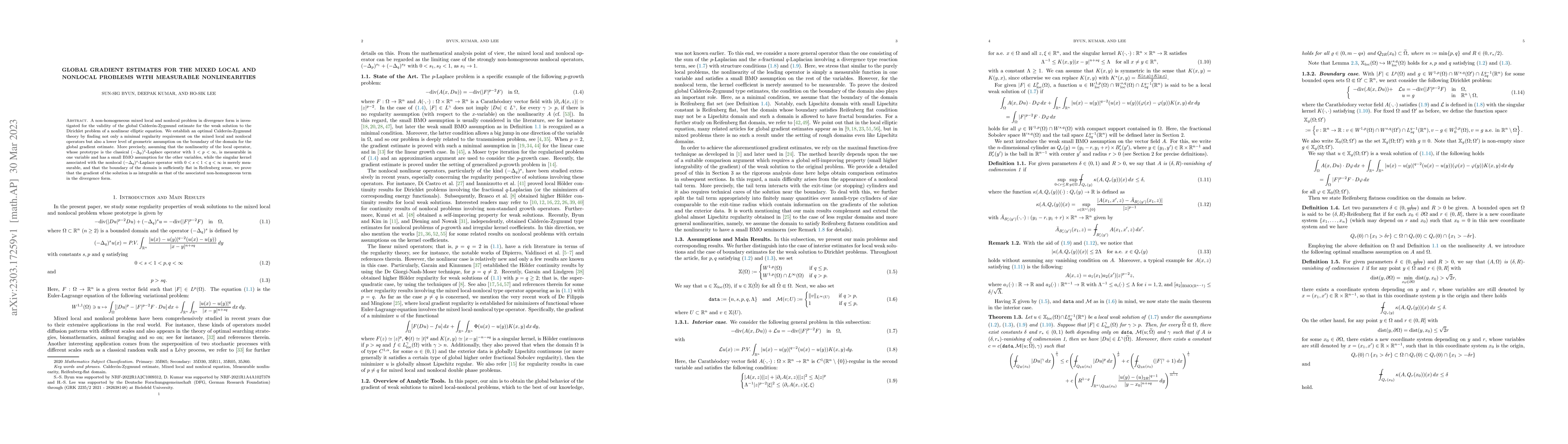 Thumbnail for Global gradient estimates for the mixed local and nonlocal problems with
  measurable nonlinearities