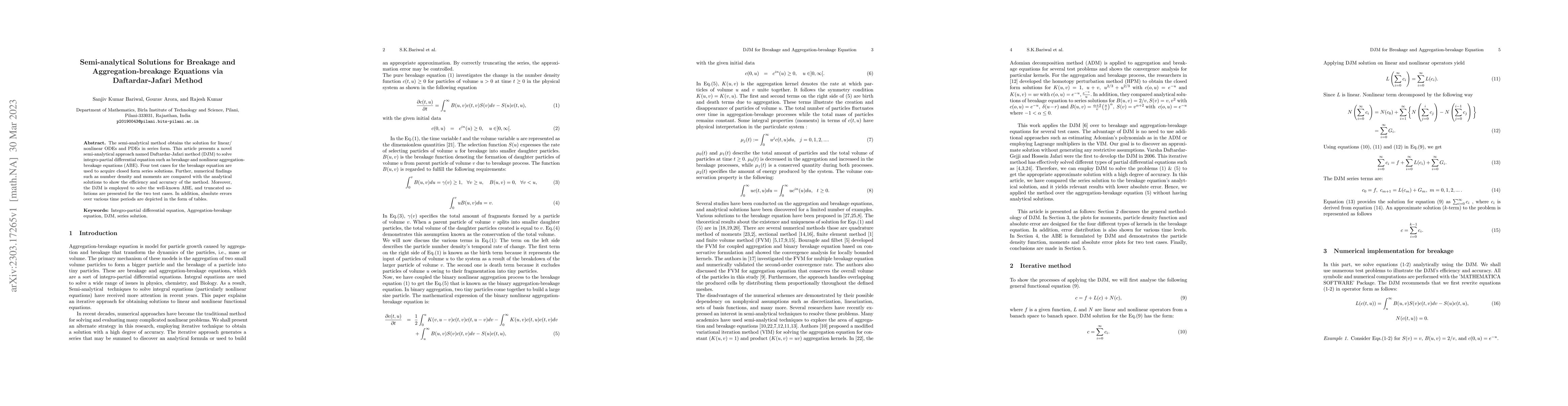 Thumbnail for Semi-analytical Solutions for Breakage and Aggregation-breakage
  Equations via Daftardar-Jafari Method