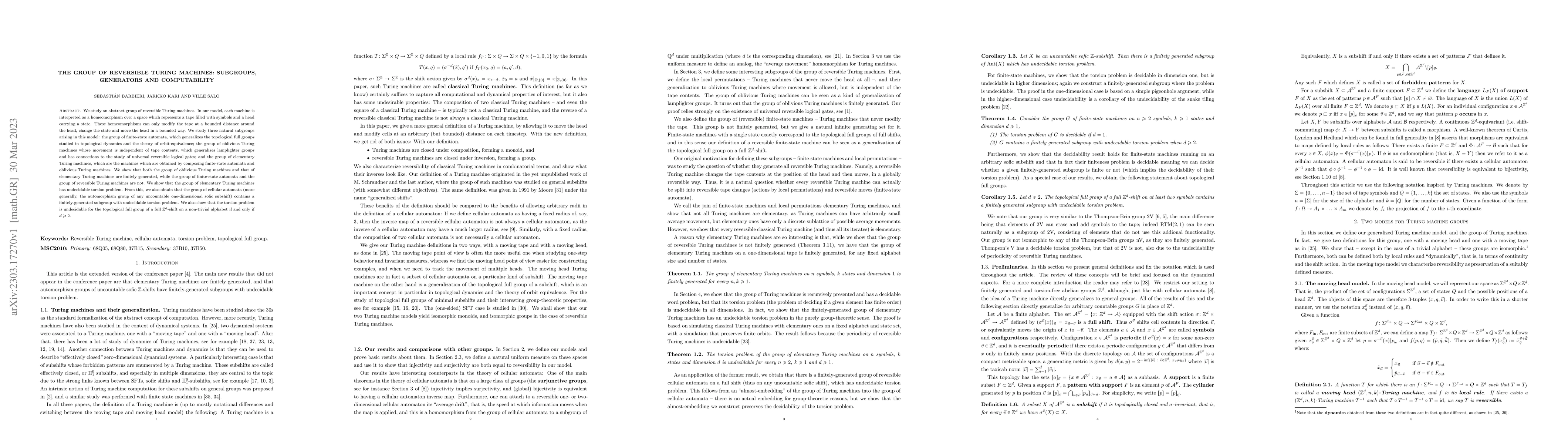 Thumbnail for The group of reversible Turing machines: subgroups, generators and
  computability