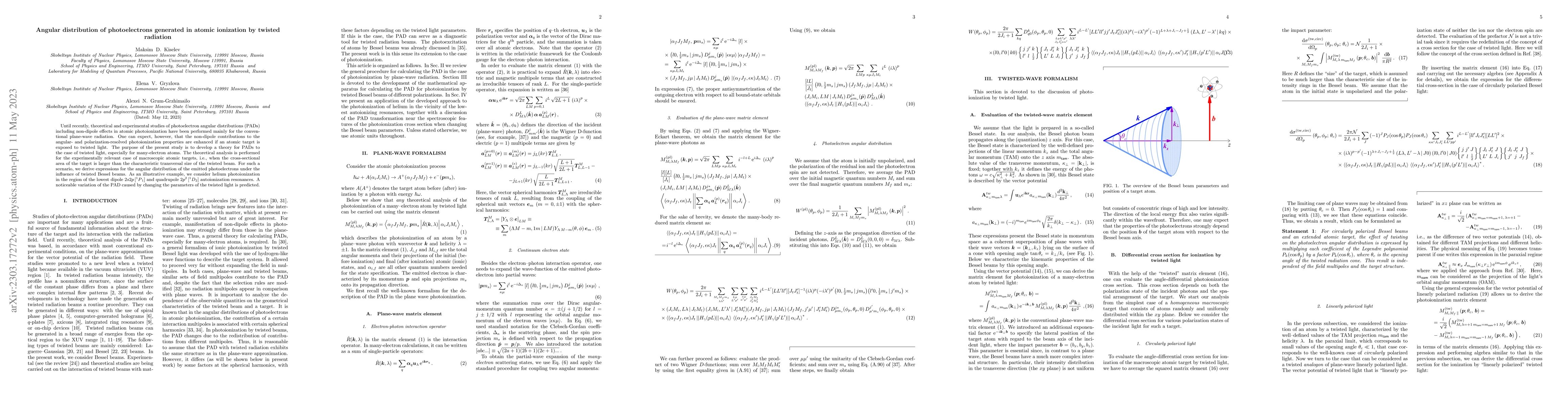 Thumbnail for Angular distribution of photoelectrons generated in atomic ionization by
  twisted radiation