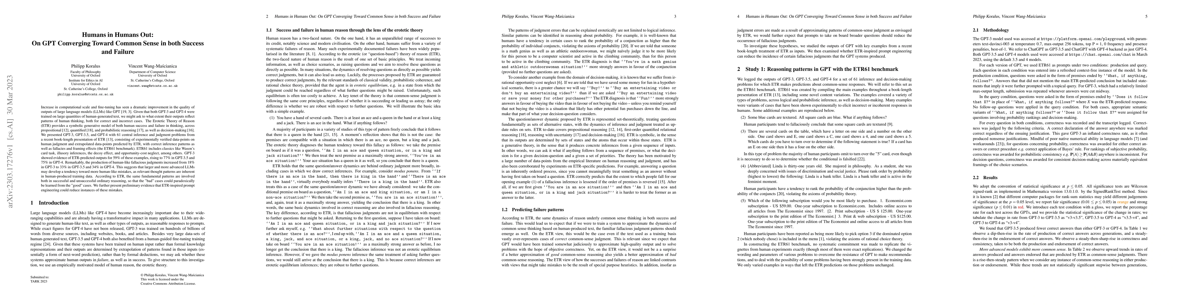 Thumbnail for Humans in Humans Out: On GPT Converging Toward Common Sense in both
  Success and Failure