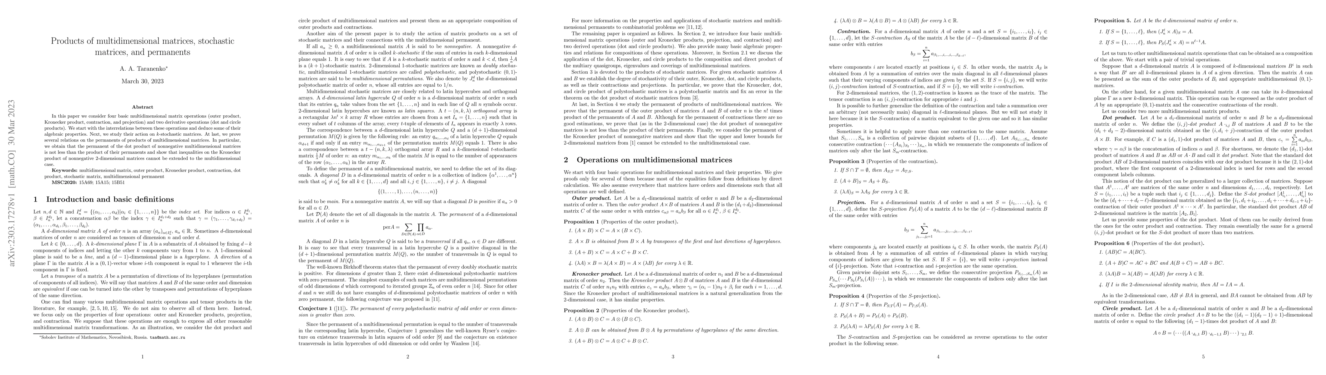 Thumbnail for Products of multidimensional matrices, stochastic matrices, and
  permanents