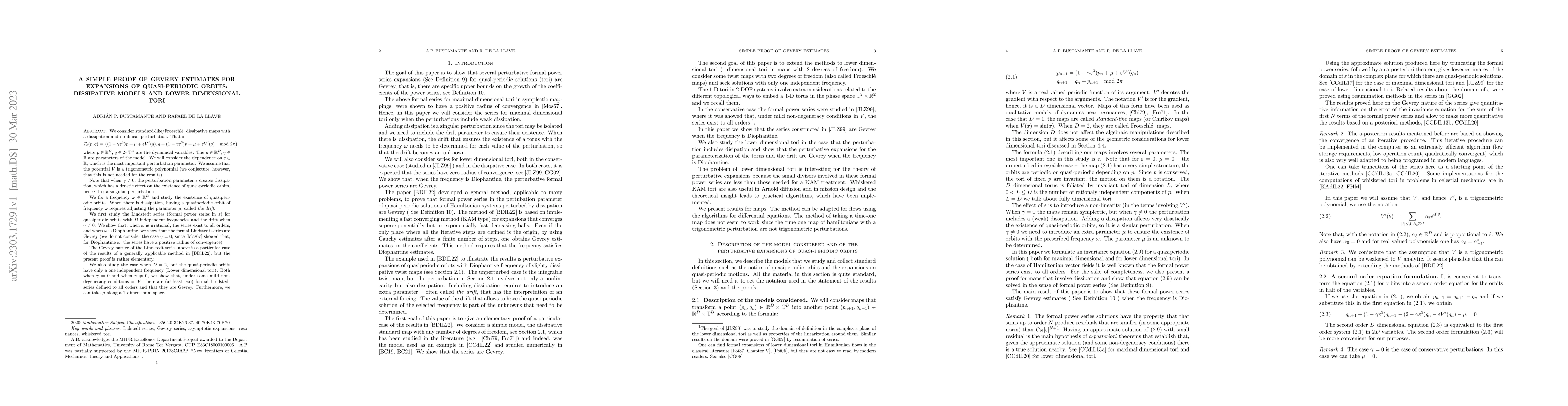 Thumbnail for A simple proof of Gevrey estimates for expansions of quasi-periodic
  orbits: dissipative models and lower dimensional tori