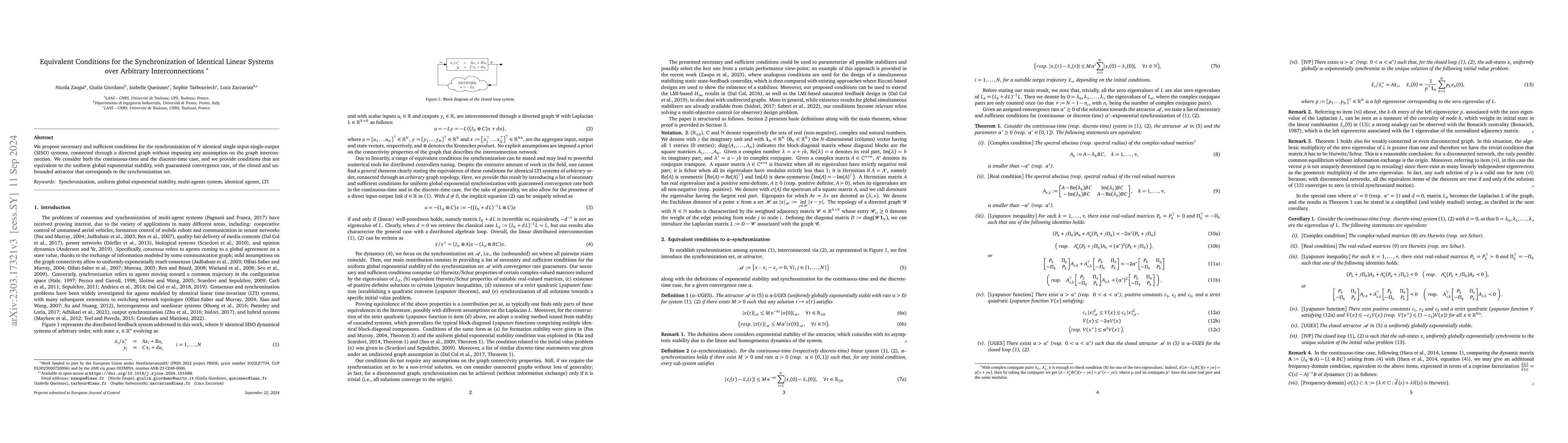 Thumbnail for Equivalent Conditions for the Synchronization of Identical Linear
  Systems over Arbitrary Interconnections