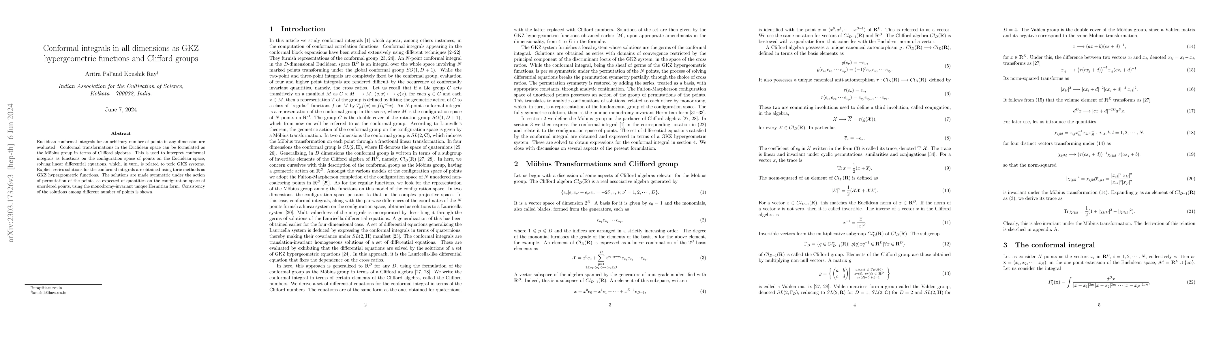 Thumbnail for Conformal integrals in all dimensions as GKZ hypergeometric functions
  and Clifford groups
