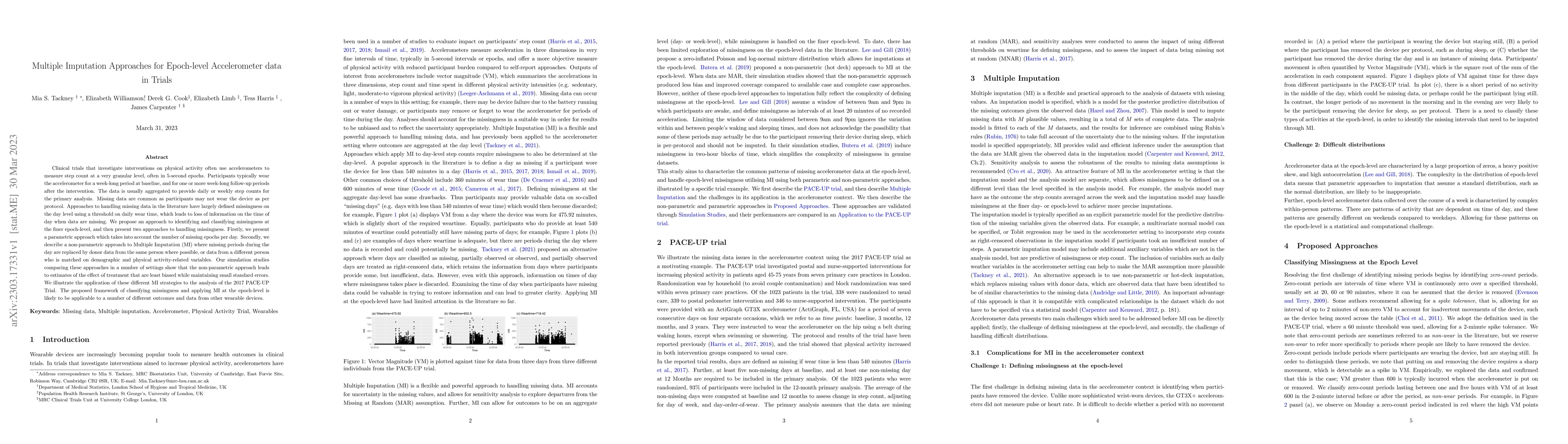 Thumbnail for Multiple Imputation Approaches for Epoch-level Accelerometer data in
  Trials