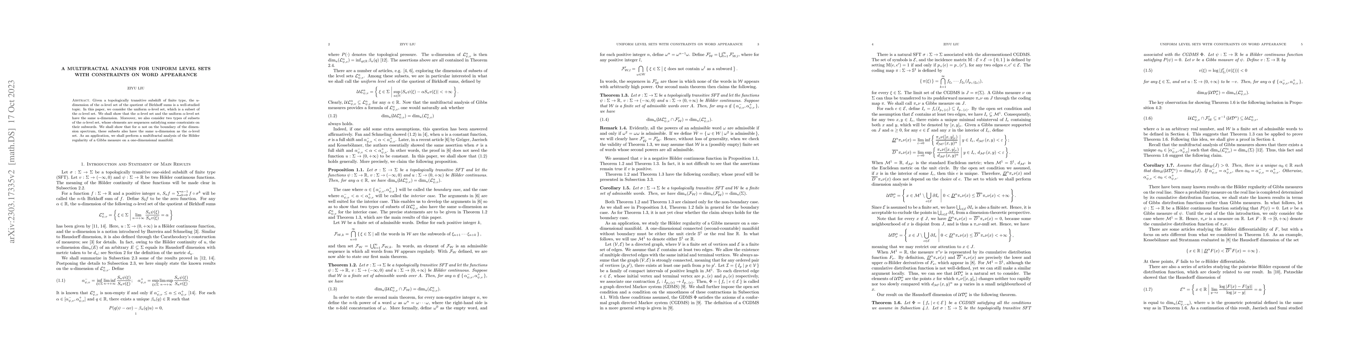Thumbnail for A multifractal analysis for uniform level sets with constraints on word
  appearance