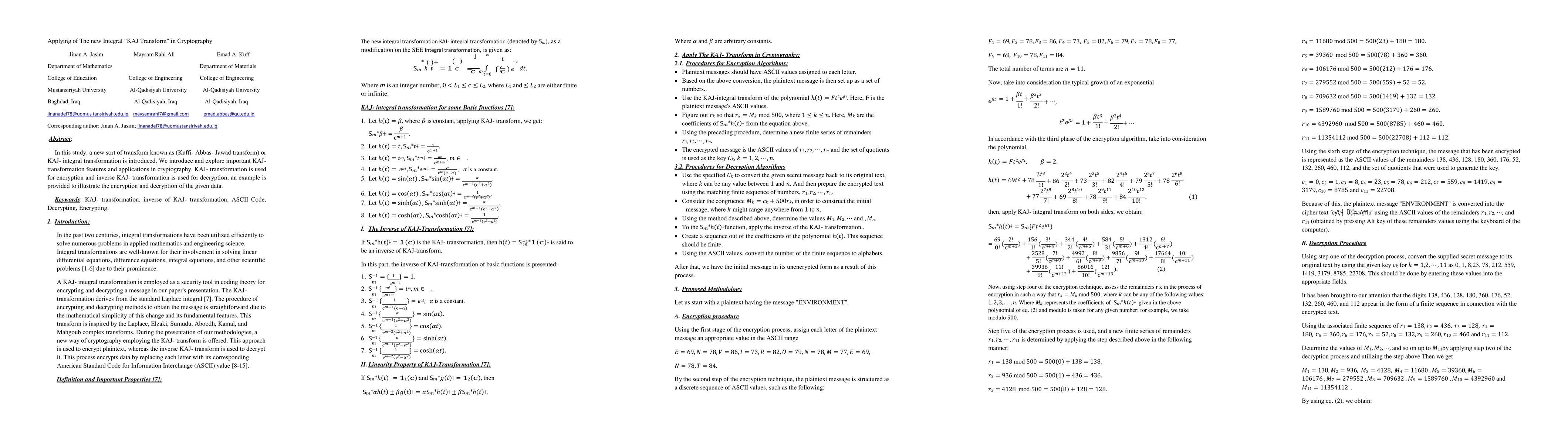 Thumbnail for Applying of The new Integral KAJ Transform in Cryptography