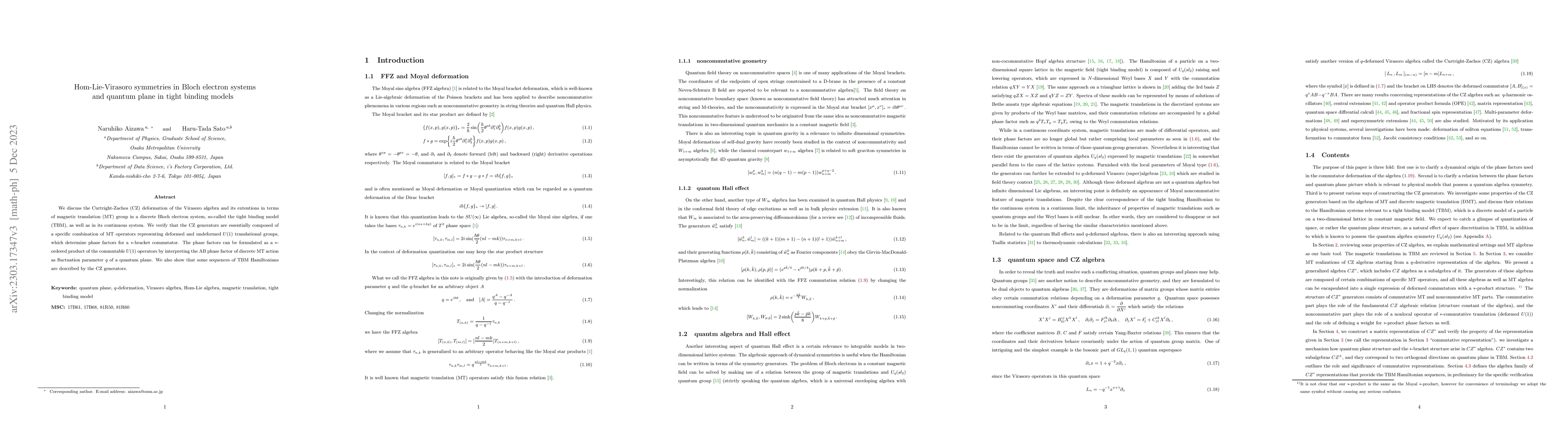 Thumbnail for Hom-Lie-Virasoro symmetries in Bloch electron systems and quantum plane
  in tight binding models