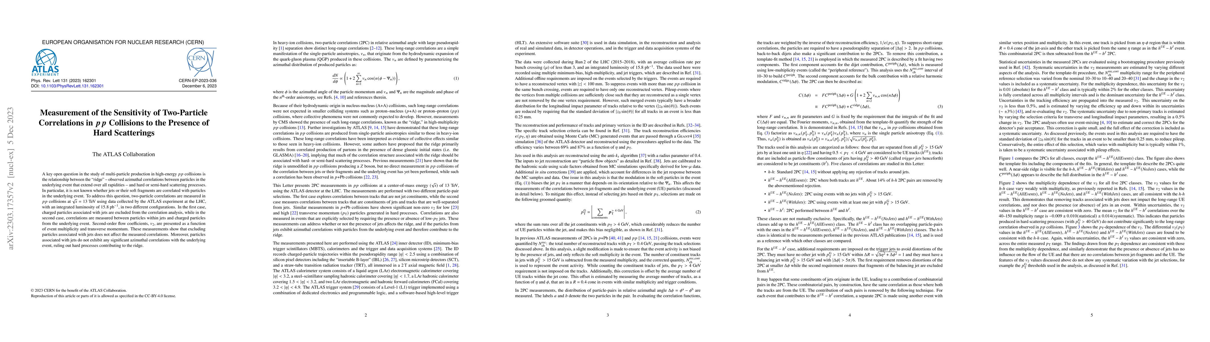 Thumbnail for Measurement of the Sensitivity of Two-Particle Correlations in $pp$
  Collisions to the Presence of Hard Scatterings