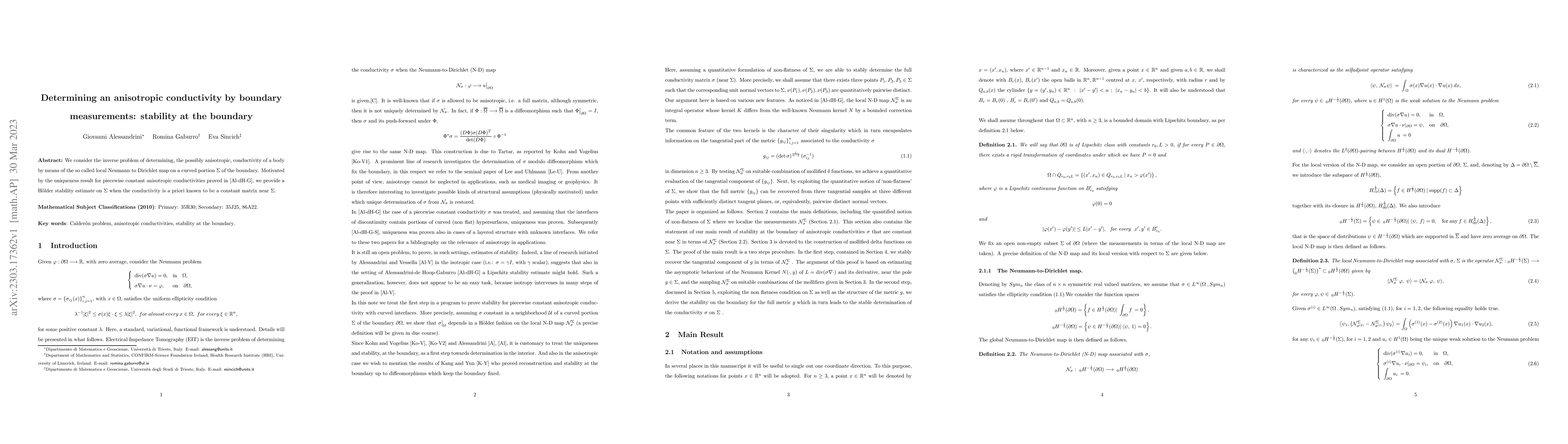 Thumbnail for Determining an anisotropic conductivity by boundary measurements:
  stability at the boundary