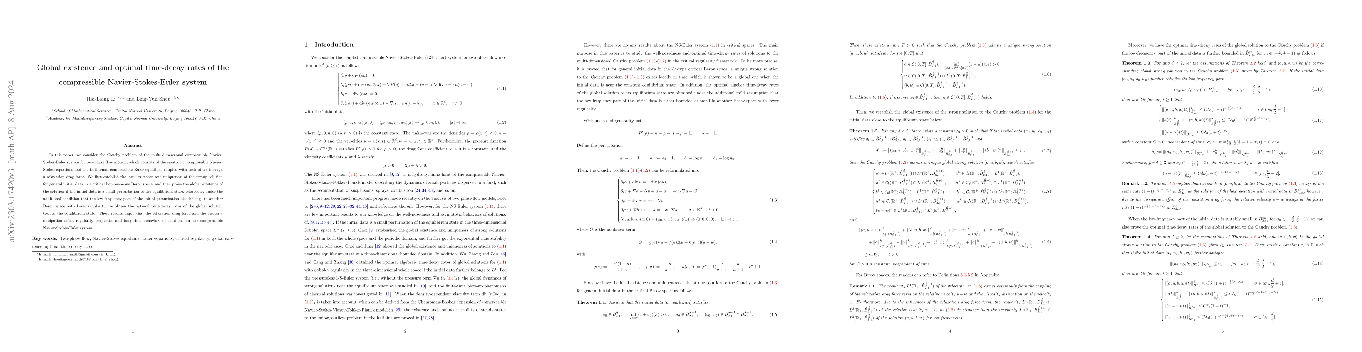 Thumbnail for Global existence and optimal time-decay rates of the compressible
  Navier-Stokes-Euler system