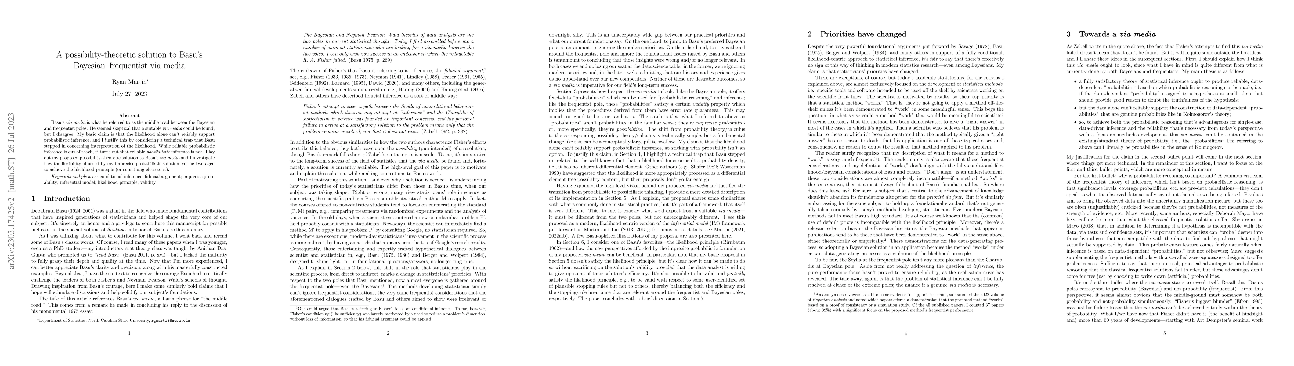 Thumbnail for A possibility-theoretic solution to Basu's Bayesian--frequentist via
  media