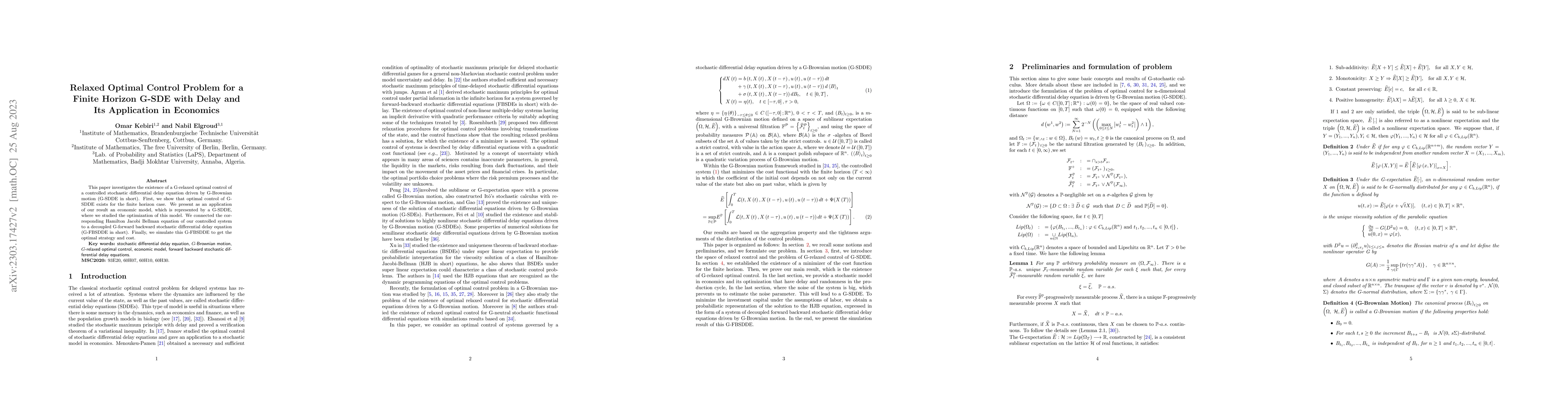 Thumbnail for Relaxed Optimal Control Problem for a Finite Horizon G-SDE with Delay
  and Its Application in Economics