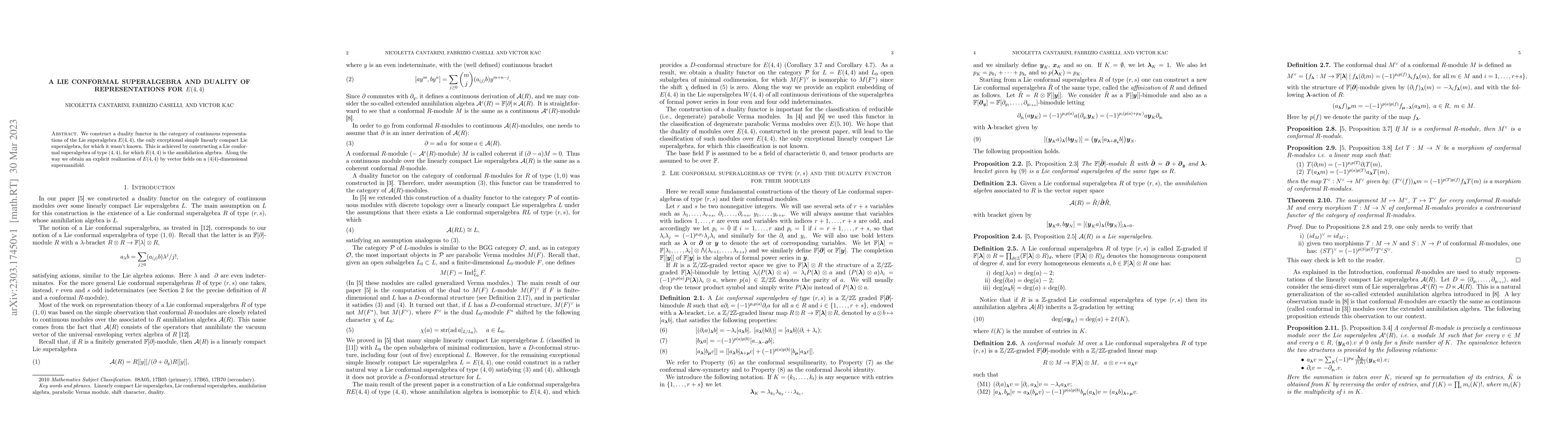 Thumbnail for A Lie conformal superalgebra and duality of representations for E(4,4)