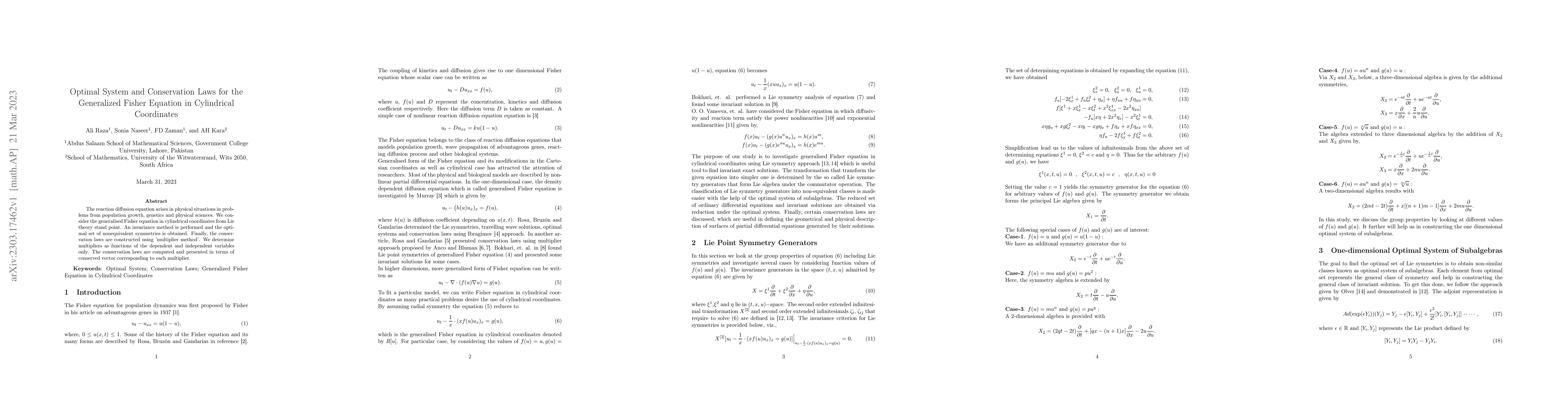 Thumbnail for Optimal System and Conservation Laws for the Generalized Fisher Equation
  in Cylindrical Coordinates