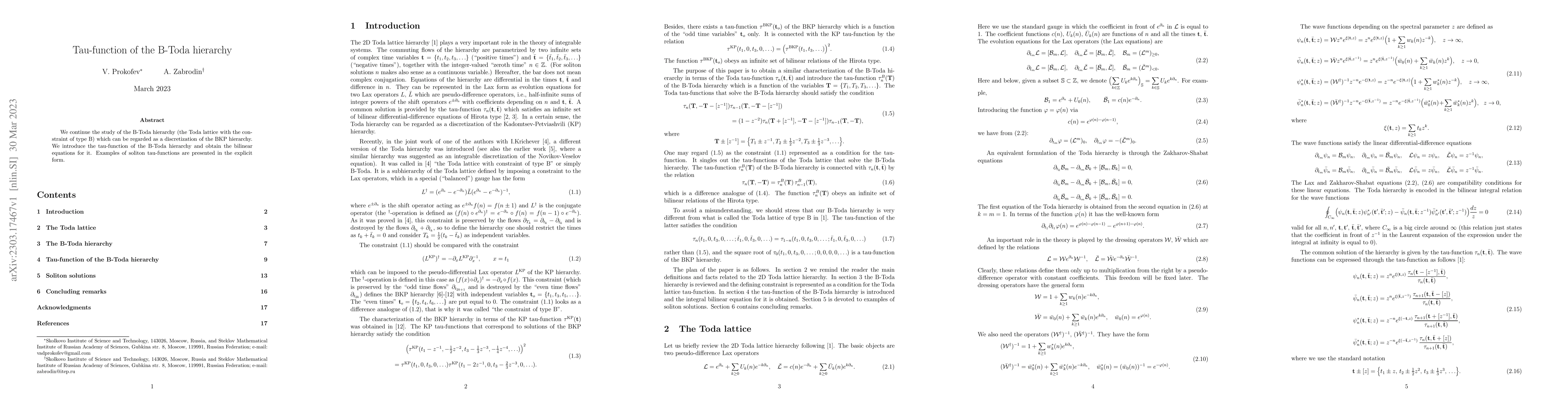 Thumbnail for Tau-function of the B-Toda hierarchy