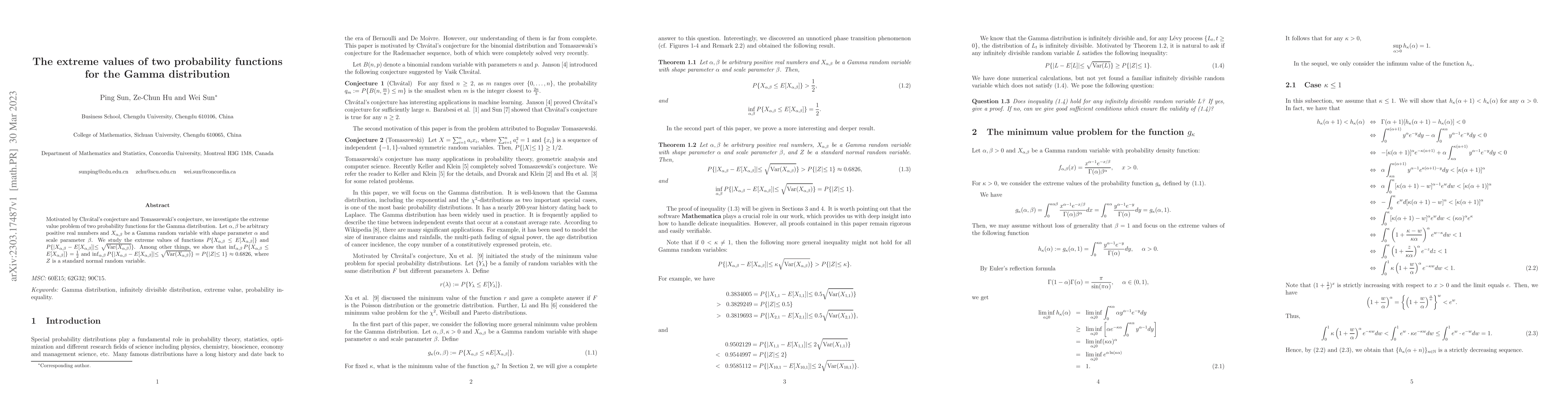Thumbnail for The extreme values of two probability functions for the Gamma
  distribution