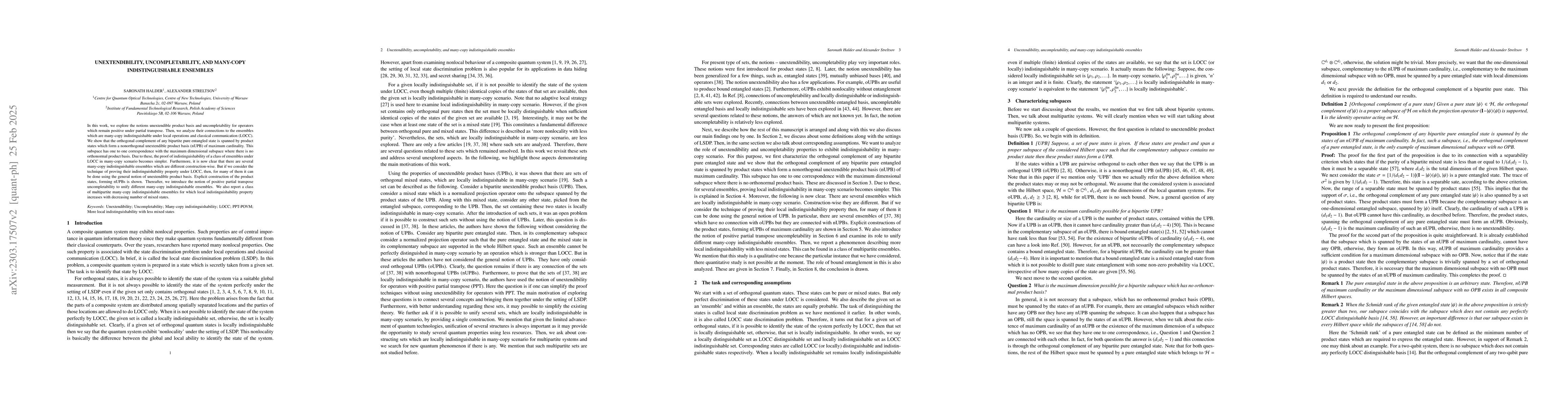 Thumbnail for Unextendibility, uncompletability, and many-copy indistinguishable
  ensembles